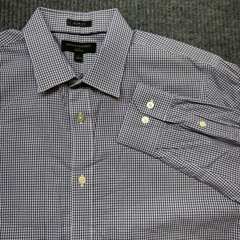 Banana Republic Non-Iron Shirt Mens L‎ Slim Fit Blue Purple Gingham Button Down